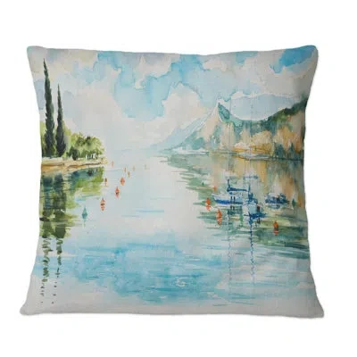 Design Art View Of Lake Garda And Mountains - Traditional Printed Throw Pillow In Blue;green