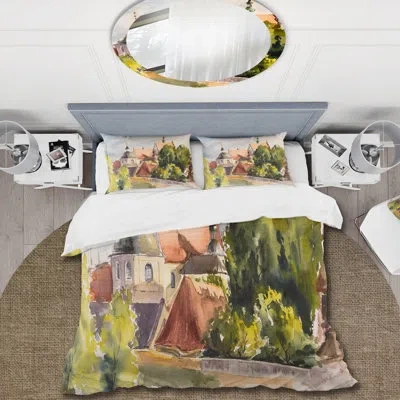 Design Art View Of Old Polish City In Nature - Traditional Duvet Cover Set - Microfiber Polyester In Green,gray,orange
