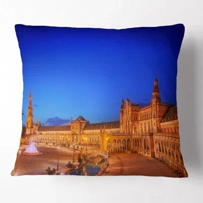 Design Art View Of Spain Square At Sunset - Cityscape Printed Pillow In Blue;black;brown;green;red;yellow