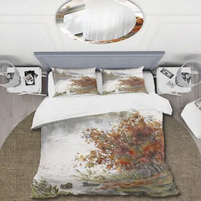 Design Art View Of The Lake In Autumn - Traditional Duvet Cover Set - Microfiber Polyester In White,gray,brown