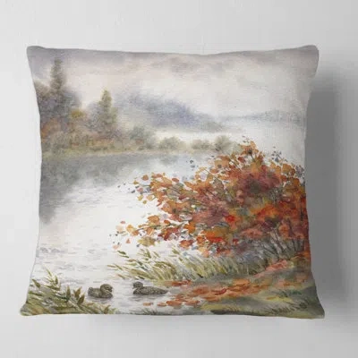Design Art View Of The Lake In Autumn - Traditional Printed Throw Pillow In Gray