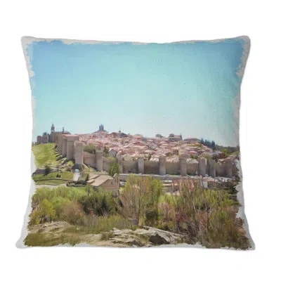 Design Art View On Medieval City Walls - French Country Printed Throw Pillow In Green
