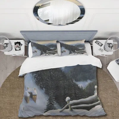 Design Art View On Snowy Mountaintops - Traditional Duvet Cover Set - Microfiber Polyester In Black,white