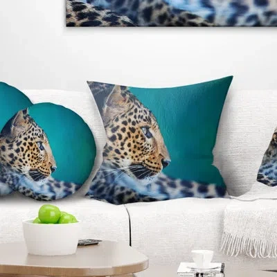 Design Art Vigilant Leopard Close Up View - Animal Printed Throw Pillow In Blue;white