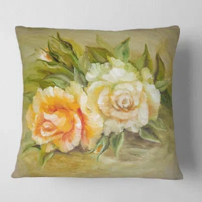 Design Art Vinage White And Yellow Roses - Traditional Printed Throw Pillow In Green;yellow