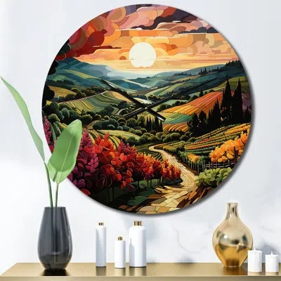 Design Art Vineyard Sunset Rows Of Ruby Landscape I Metal Wall Clock In Red