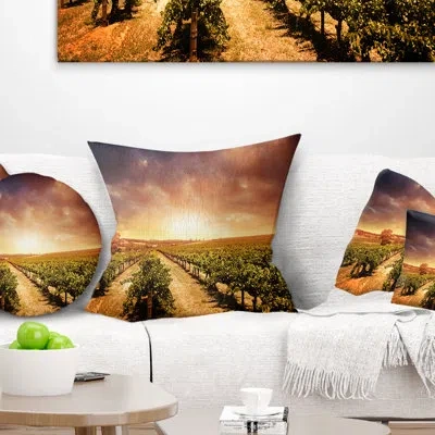 Design Art Vineyard With Stormy Sunset - Landscape Printed Pillow In Blue;orange