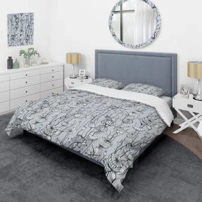Design Art Vintage Abstract Flowers - Floral Duvet Cover Set - Microfiber Polyester In Gray