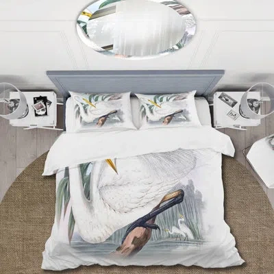 Design Art Vintage Australian Birds Iv - Traditional Duvet Cover Set - Microfiber Polyester In Ivory,green,brown