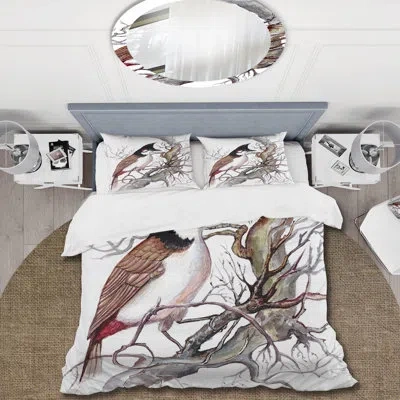 Design Art Vintage Beautiful Bird On A Branch - Traditional Duvet Cover Set - Microfiber Polyester In Brown,light Gray