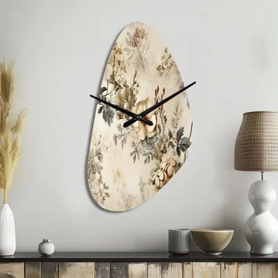 Design Art Vintage Beige Floral Country Home Charm - Asymmetrical Floral Metal Wall Clock, No Wall Clock Print
