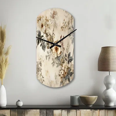 Design Art Vintage Beige Floral Country Home Charm - Asymmetrical Floral Metal Wall Clock, No Wall Clock Print