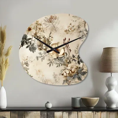 Design Art Vintage Beige Floral Country Home Charm - Unique Shape Floral Metal Clock, Asymmetrical Metal Clock 