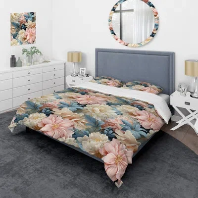 Design Art Vintage Beige Minimalism Floral Blossums Duvet Cover Set In Brown