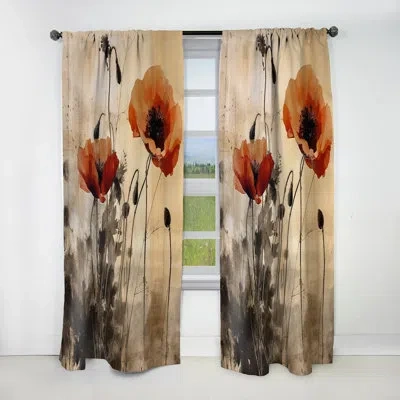 Design Art Vintage Beige Poppies Ii - Traditional Blackout Floral Curtain - 1 Panel In Brown;red
