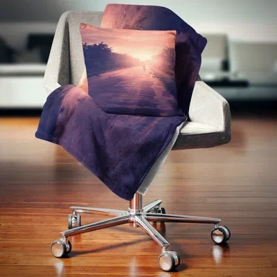 Design Art Vintage Biker At Sunset - Landscape Printed Pillow In Pink