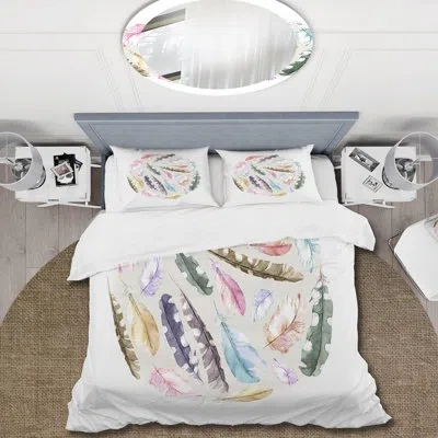 Design Art Vintage Bird Feathers In Circle - Traditional Duvet Cover Set - Microfiber Polyester In Pink,blue,white;pink,blue,white