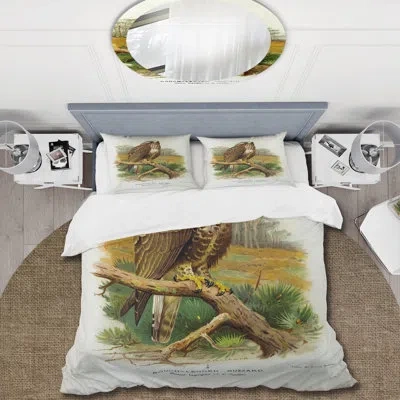 Design Art Vintage Bird Life Ix - Traditional Duvet Cover Set - Microfiber Polyester In White,brown,green