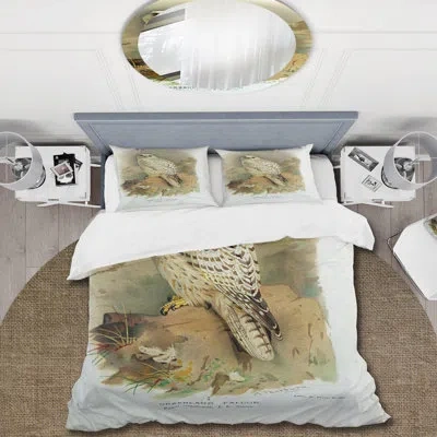 Design Art Vintage Bird Life Vii - Traditional Duvet Cover Set - Microfiber Polyester In Tan,light Green