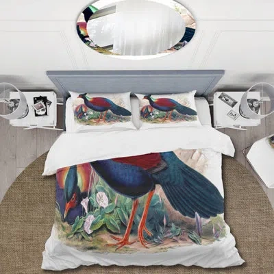 Design Art Vintage Birds In The Wild Ii - Traditional Duvet Cover Set - Microfiber Polyester In Green,blue,red