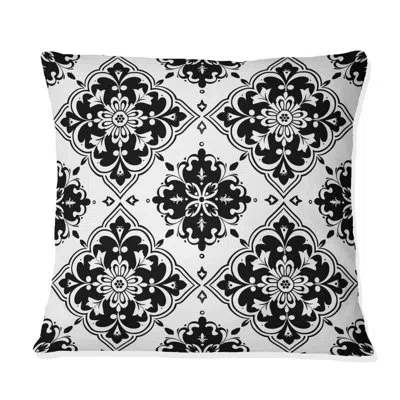 Design Art Vintage Black Floral Mosaic Tiles I - Floral Pillow In Black;white