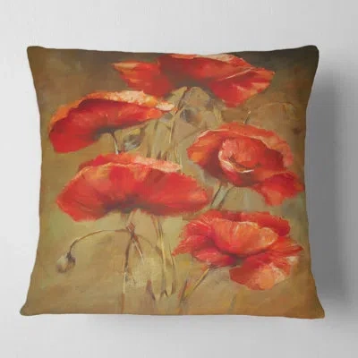 Design Art Vintage Blooming Poppies I - Traditional Printed Pillow In Brown;red