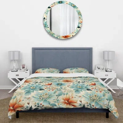 Design Art Vintage Blue Minimalism Floral Blossums I Duvet Cover Set In Green