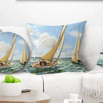 Design Art Vintage Boats Sailing - Sea & Shore Printed Pillow In Blue