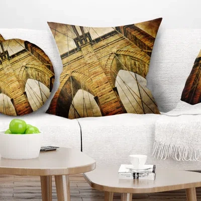 Design Art Vintage Brooklyn Bridge - Cityscape Printed Throw Pillow In Brown