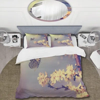 Design Art Vintage Butterfly Flying To A White Flower - Traditional Duvet Cover Set - Microfiber Polyester In White;purple