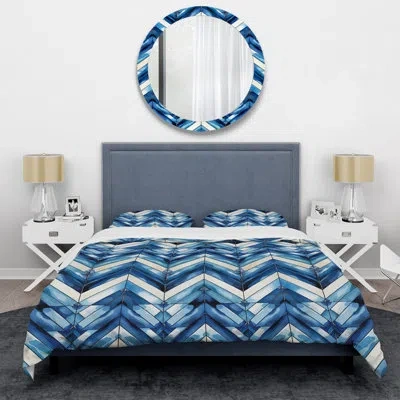 Design Art Vintage Cobalt Blue White Chevron Geometric Ii - Geometric Duvet Cover Set In Blue;white