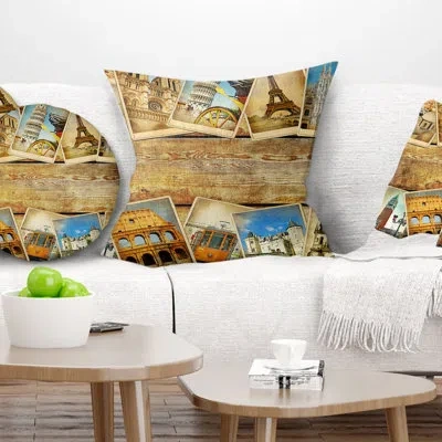 Design Art Vintage Collage Cards - Landscape Printed Throw Pillow In Tan