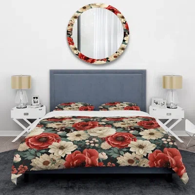 Design Art Vintage Coral Poppy Flourish Gardens I Duvet Cover Set In White;coral