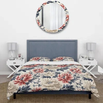 Design Art Vintage Farmhouse Damask - Floral Duvet Cover Set In Beige;pink