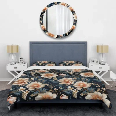 Design Art Vintage Flair Peach And Teal Floral Brilliance - Floral Duvet Cover Set In Pink;teal