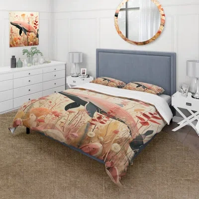 Design Art Vintage Floral Whale Decor Ii - Whale Duvet Cover Set In Red;pink