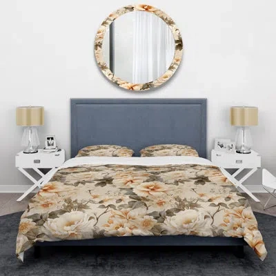 Design Art Vintage Florals Vi - Plants Duvet Cover Set - Microfiber Polyester In Green;orange