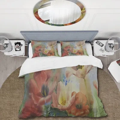 Design Art Vintage Flowers In Dark Pastel Colors - Traditional Duvet Cover Set - Microfiber Polyester In Red