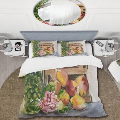 Design Art Vintage Fruits V - Farmhouse Duvet Cover Set - Microfiber Polyester In Green
