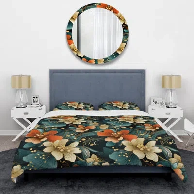 Design Art Vintage Glamour Sophisticated Flowers - Glam Duvet Cover Set In Green;beige;orange