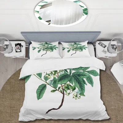Design Art Vintage Green Leaves Plants Iv - Traditional Duvet Cover Set - Microfiber Polyester In Green,white