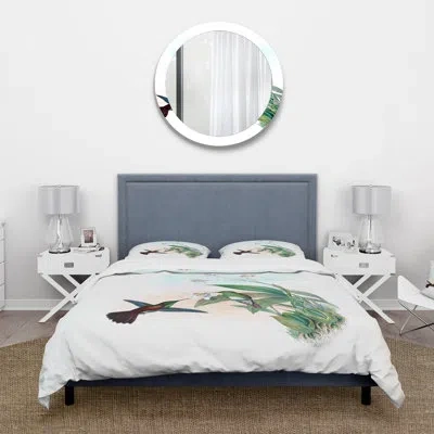Design Art Vintage Hummingbird Flying To A Flower - Traditional Duvet Cover Set - Microfiber Polyester In Black;green