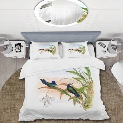 Design Art Vintage Hummingbird Iii - Traditional Duvet Cover Set - Microfiber Polyester In Green,white