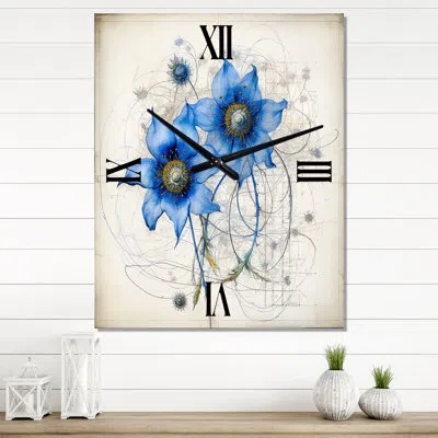 Design Art Vintage Illustration Of Blue Daisy Flower I - Daisy Vintage Wall Clock