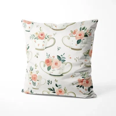 Design Art Vintage Look Sofa Throw Pillow - Country Farmhouse Farmhouse Teacup Heart Florals Printed Cushion In Green;pink