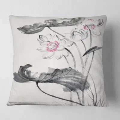 Design Art Vintage Lotus Flowers - Traditional Printed Throw Pillow In Gray