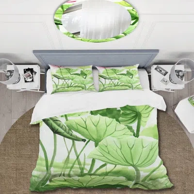 Design Art Vintage Lotus Leaves In The Pond - Traditional Duvet Cover Set - Microfiber Polyester In Green