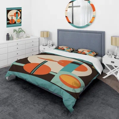 Design Art Vintage Mid-century Graphics Ii Beddingmicrofiber / Polyester Duvet Cover Set In Blue;green