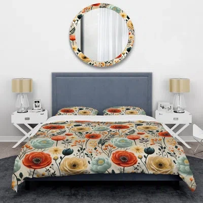 Design Art Vintage Mod Florals I- Midcentury Duvet Cover Set - Microfiber Polyester In Beige;orange