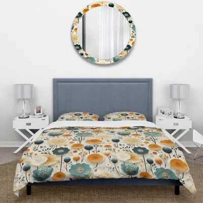 Design Art Vintage Mod Florals Ii - Midcentury Duvet Cover Set In Beige;yellow